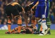 LONDON, ENGLAND - JANUARY 22: Ryan Mason of Hull City lies injured after the collision with Gary Cahill of Chelsea during the Premier League match between Chelsea and Hull City at Stamford Bridge on January 22, 2017 in London, England.  (Photo by Richard Heathcote/Getty Images)